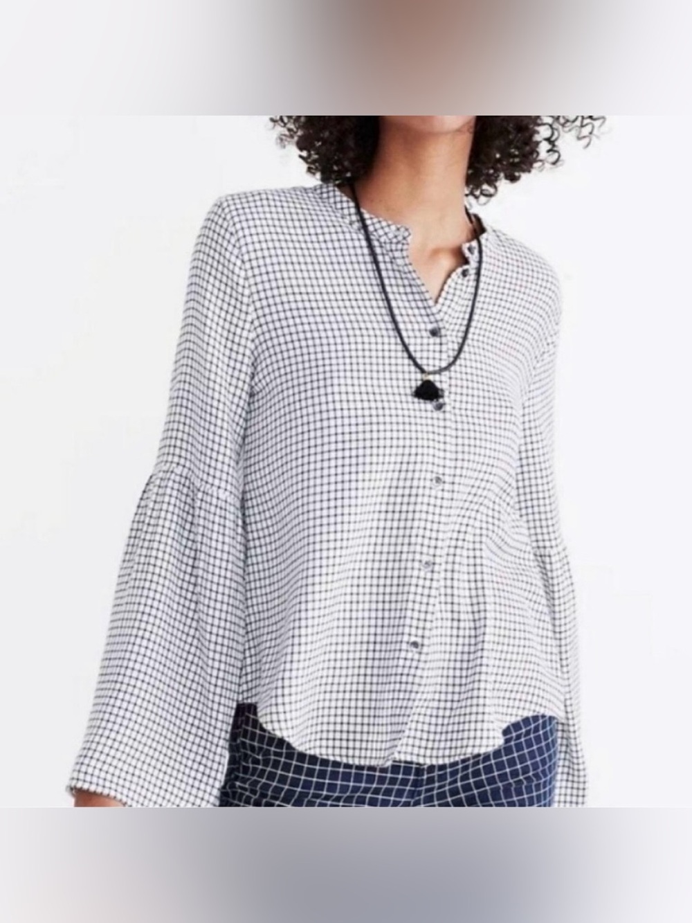 Madewell Windowpane Flannel Shirt white black check bell long sleeve blouse